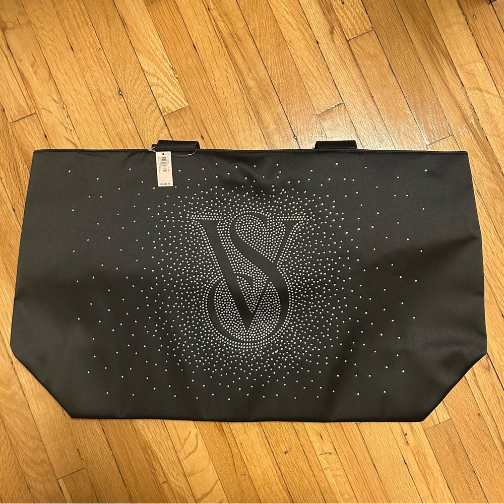 NWT Victoria’s Secret rhinestone studded shiny black sateen extra large tote bag